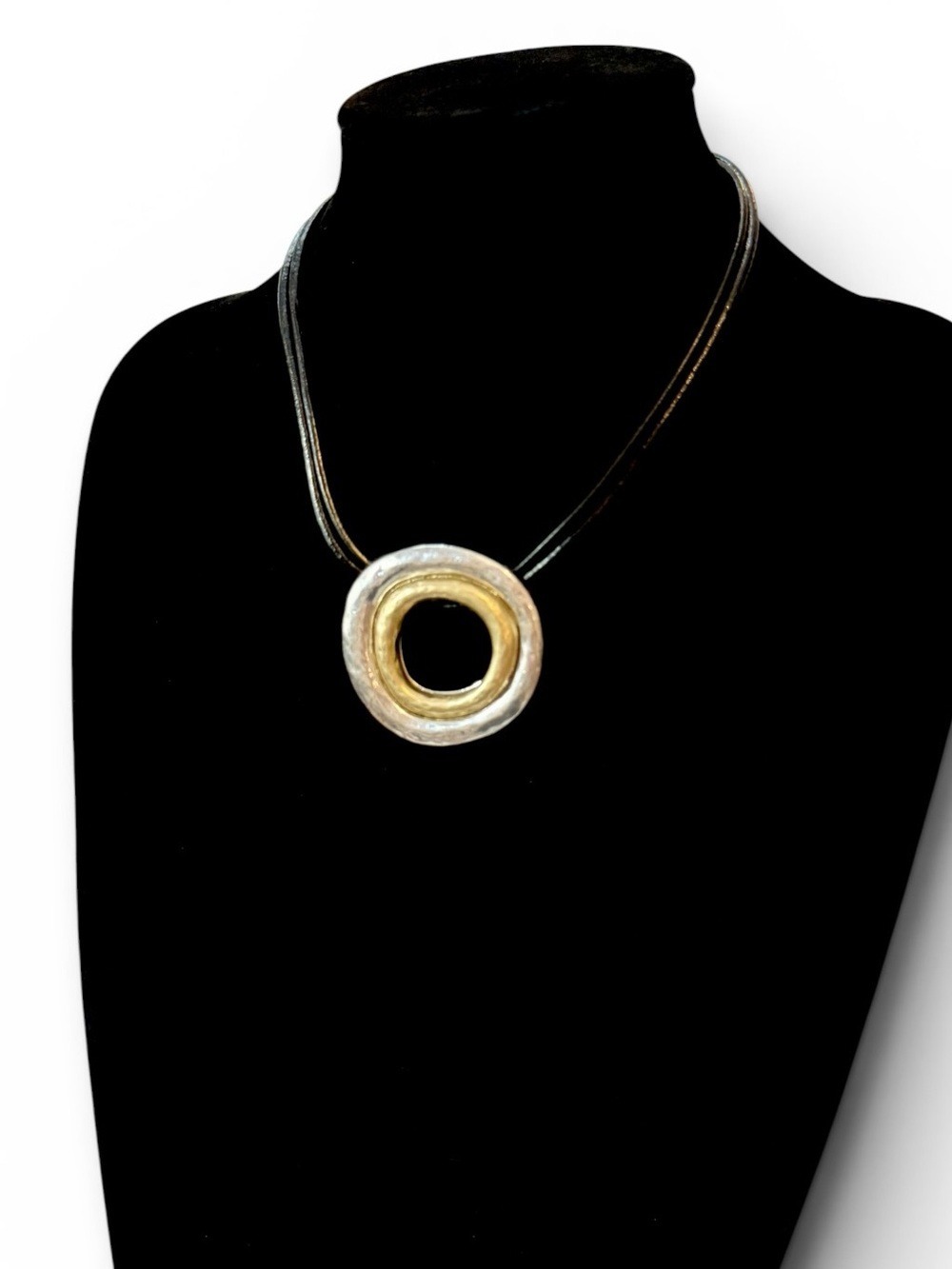 CHICO’S NWT Leather Cord Gold and Silver Circle Pendant Necklace - Picture 4 of 6
